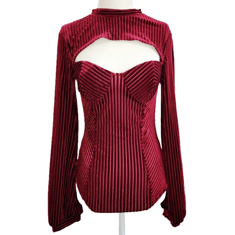 Lulus Elegant Burgundy Long Bell Sleeve Bodysuit Size Small